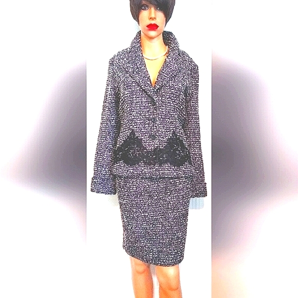EXQUISITE ESCADA WOOL COTTON BLEND BLACK WHITE TWEED BOUCLE LACE SKIRT SUIT 10/8 - Picture 10 of 10